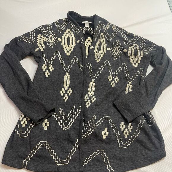 Lucky Brand Dark Grey Lucky Lotus Embroidered Cardigan Size Medium - Picture 1 of 8